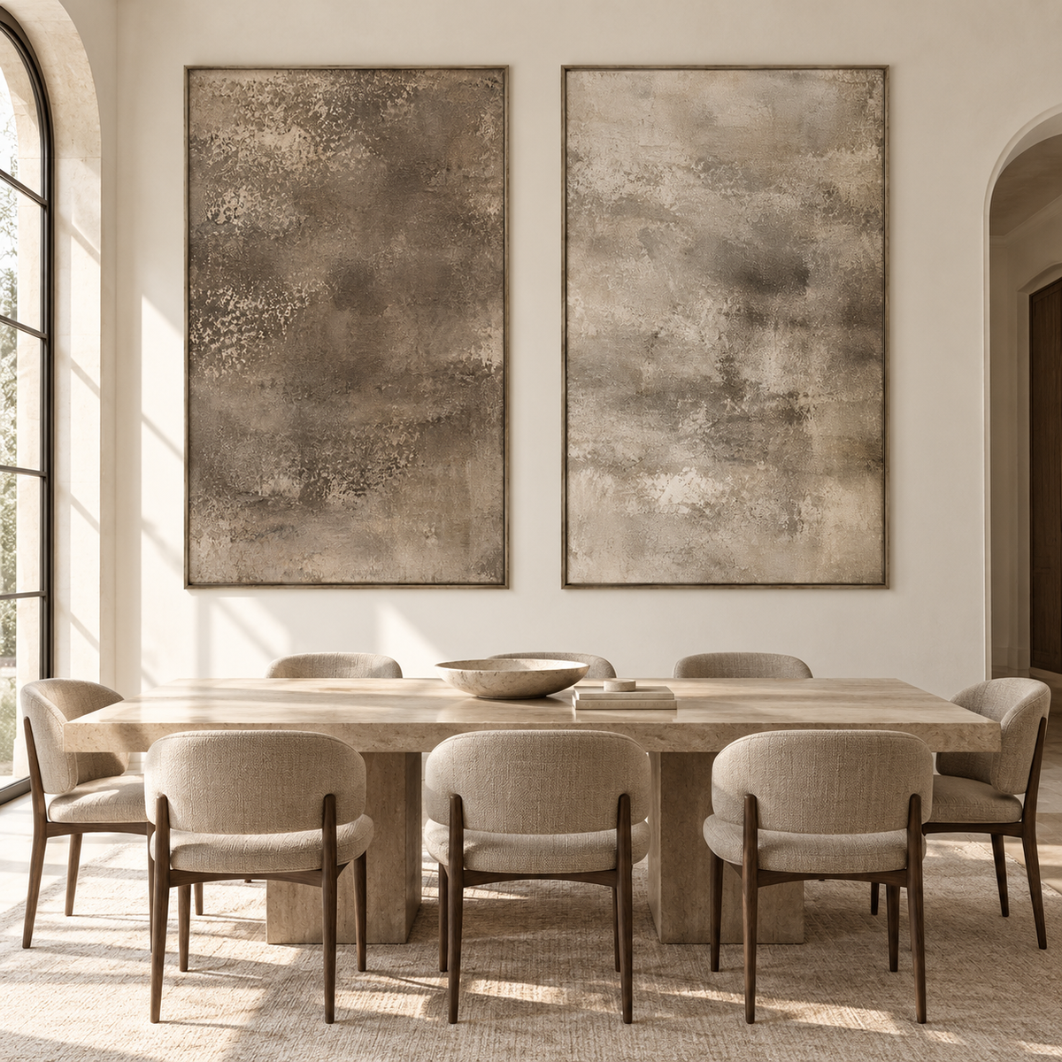 Neutral beige and taupe abstract textured wall art set of 2 with earthy brown tones