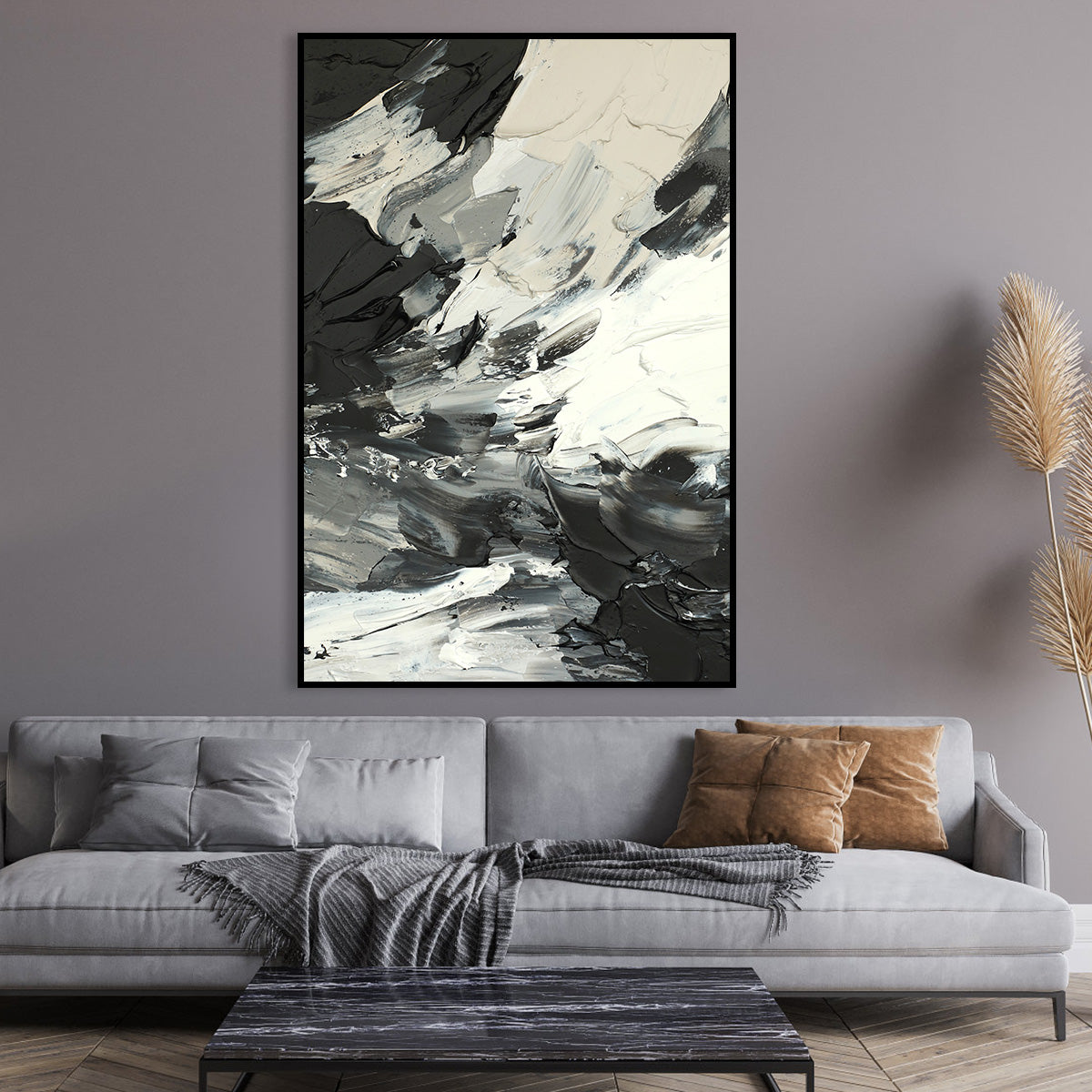 Monochrome Abstract Canvas Art - Black and White Textured Painting