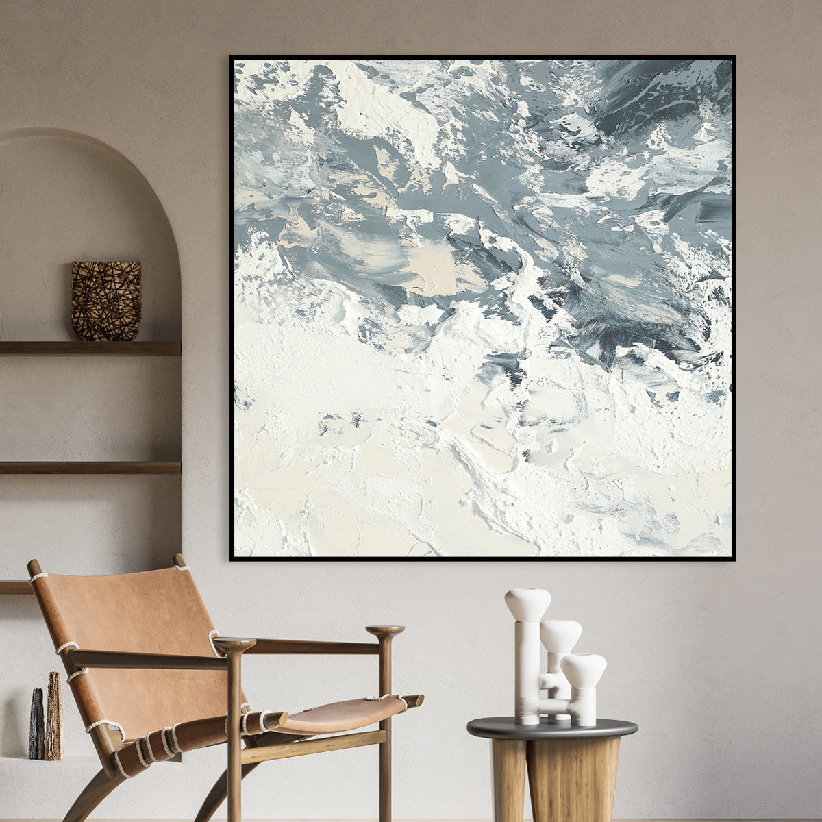 Textured Abstract Canvas Art - Dynamic White and Gray Artistic Painting