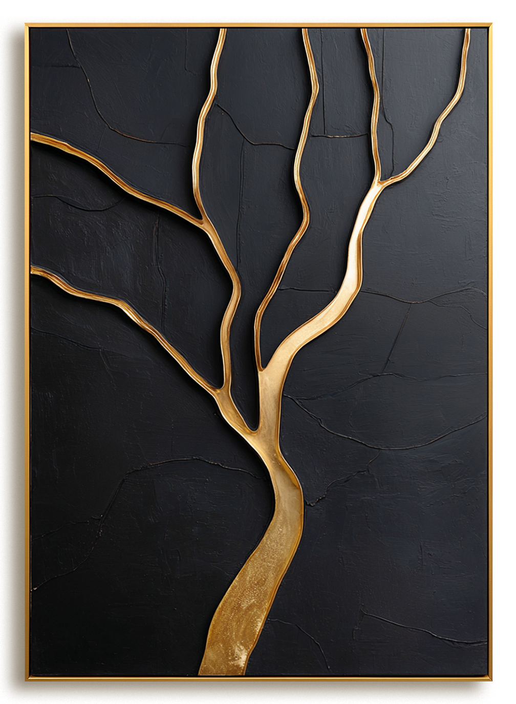 Gold tree sculpture on black textured canvas with winding branches.