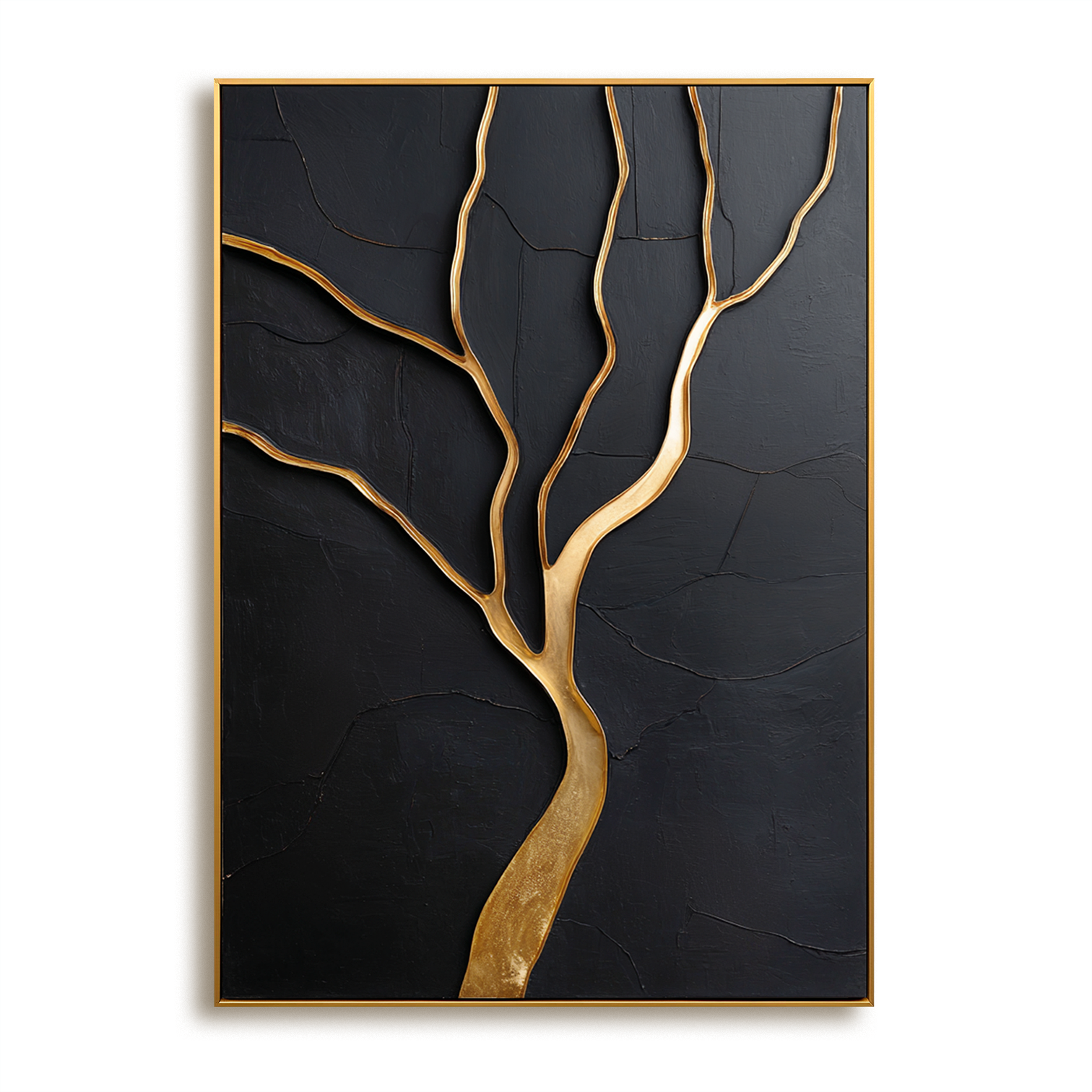 Gold tree sculpture on black textured canvas with winding branches.