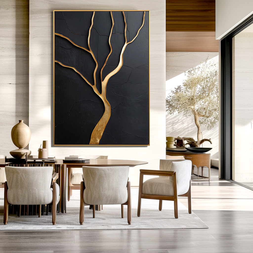 Gold tree sculpture on black textured canvas with winding branches.