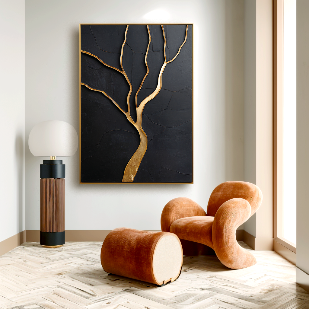 Gold tree sculpture on black textured canvas with winding branches.