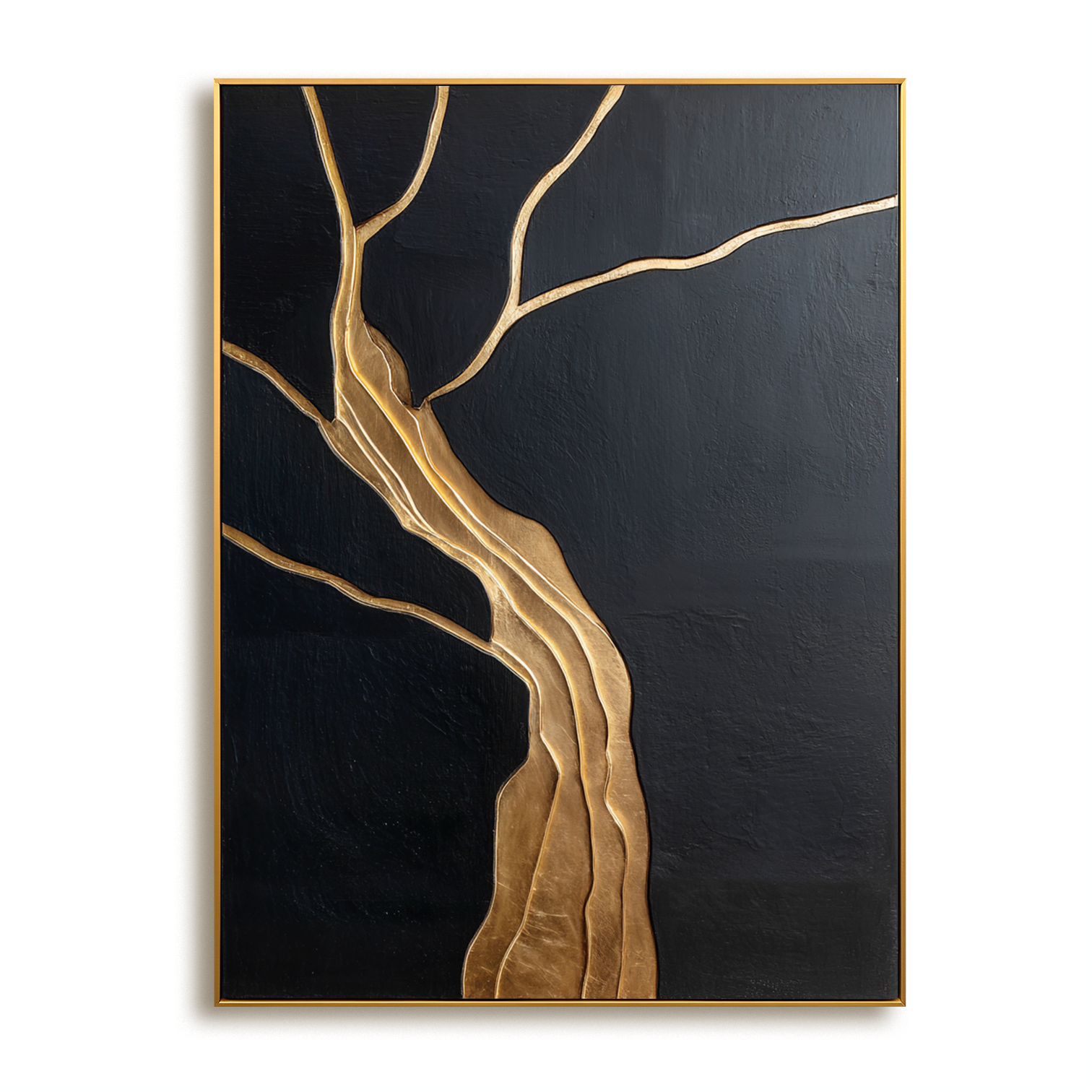 Abstract tree art with gold textured branches on a black background.