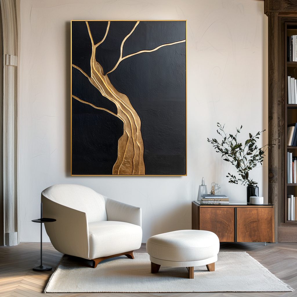 Abstract tree art with gold textured branches on a black background.