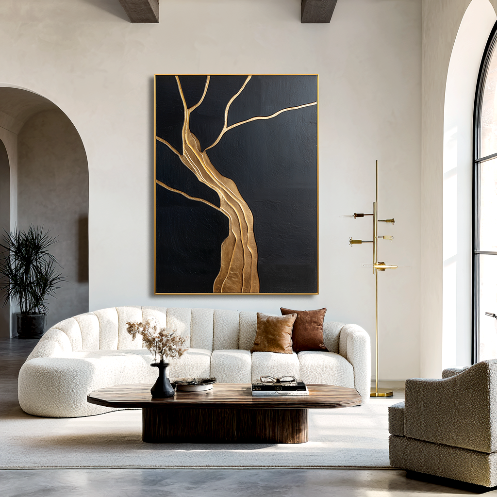 Abstract tree art with gold textured branches on a black background.