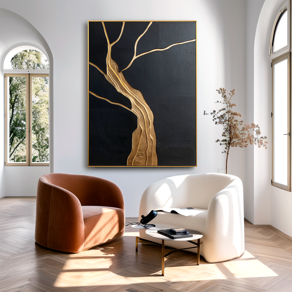 Abstract tree art with gold textured branches on a black background.