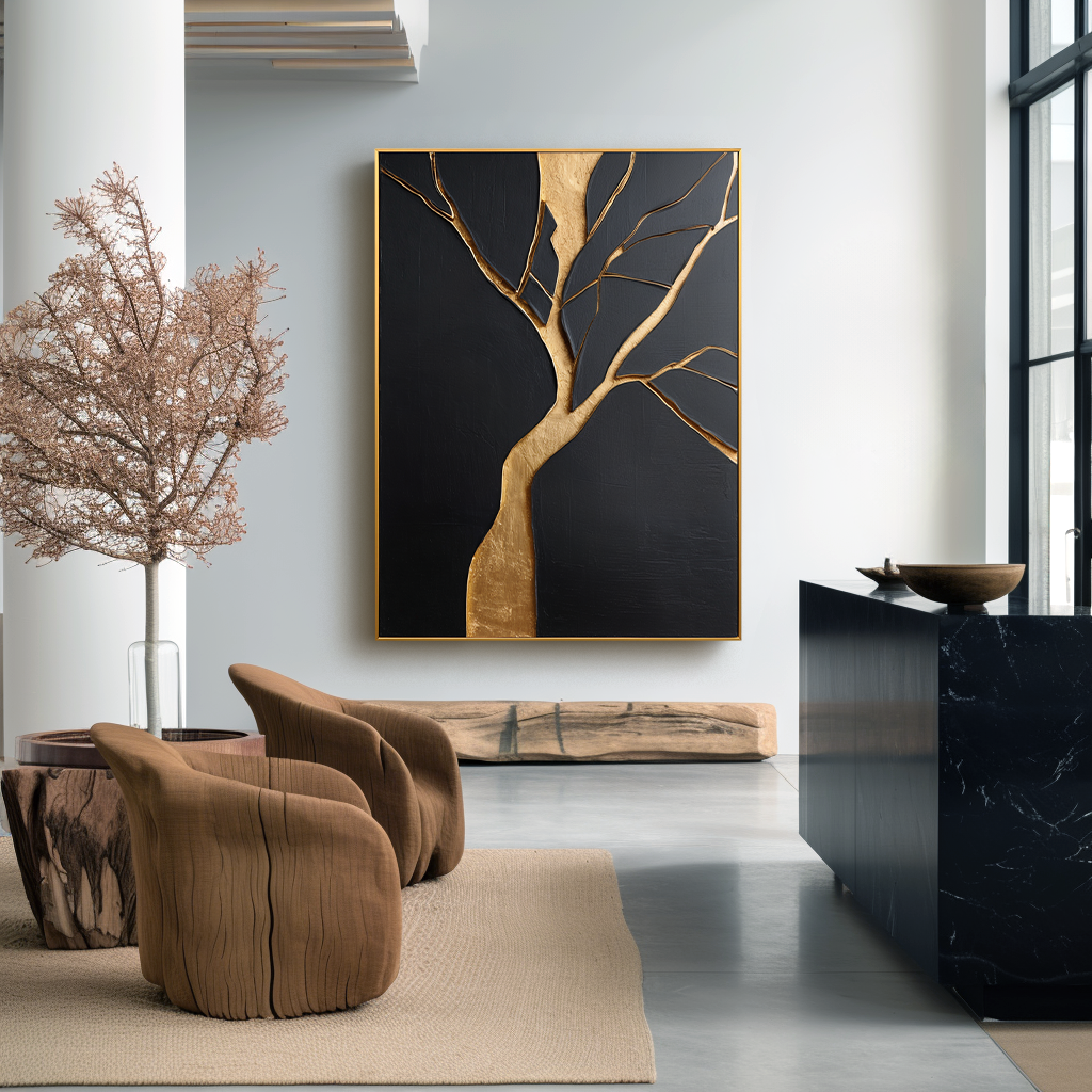 Abstract tree sculpture art with gold branches and trunk against a black background.
