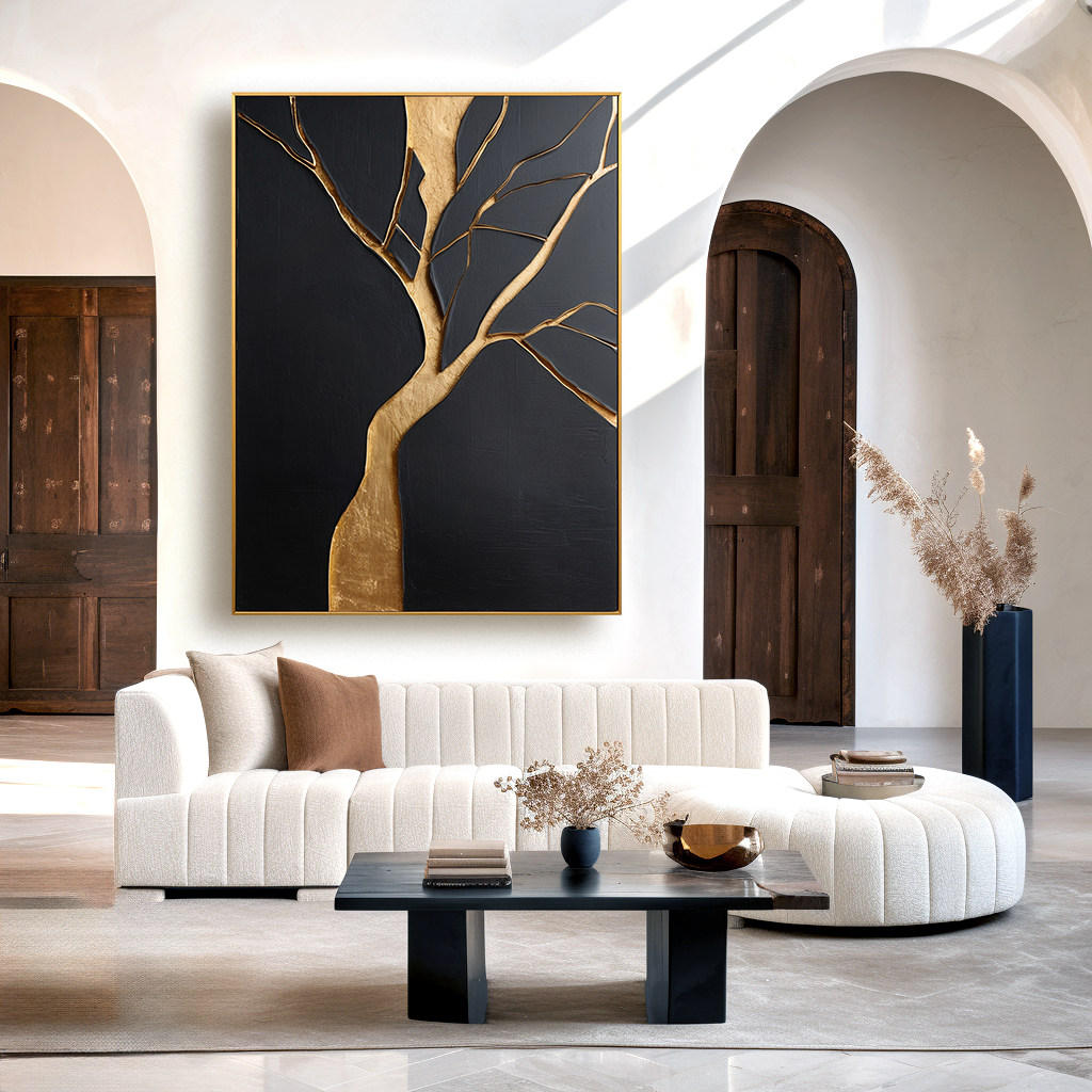 Abstract tree sculpture art with gold branches and trunk against a black background.