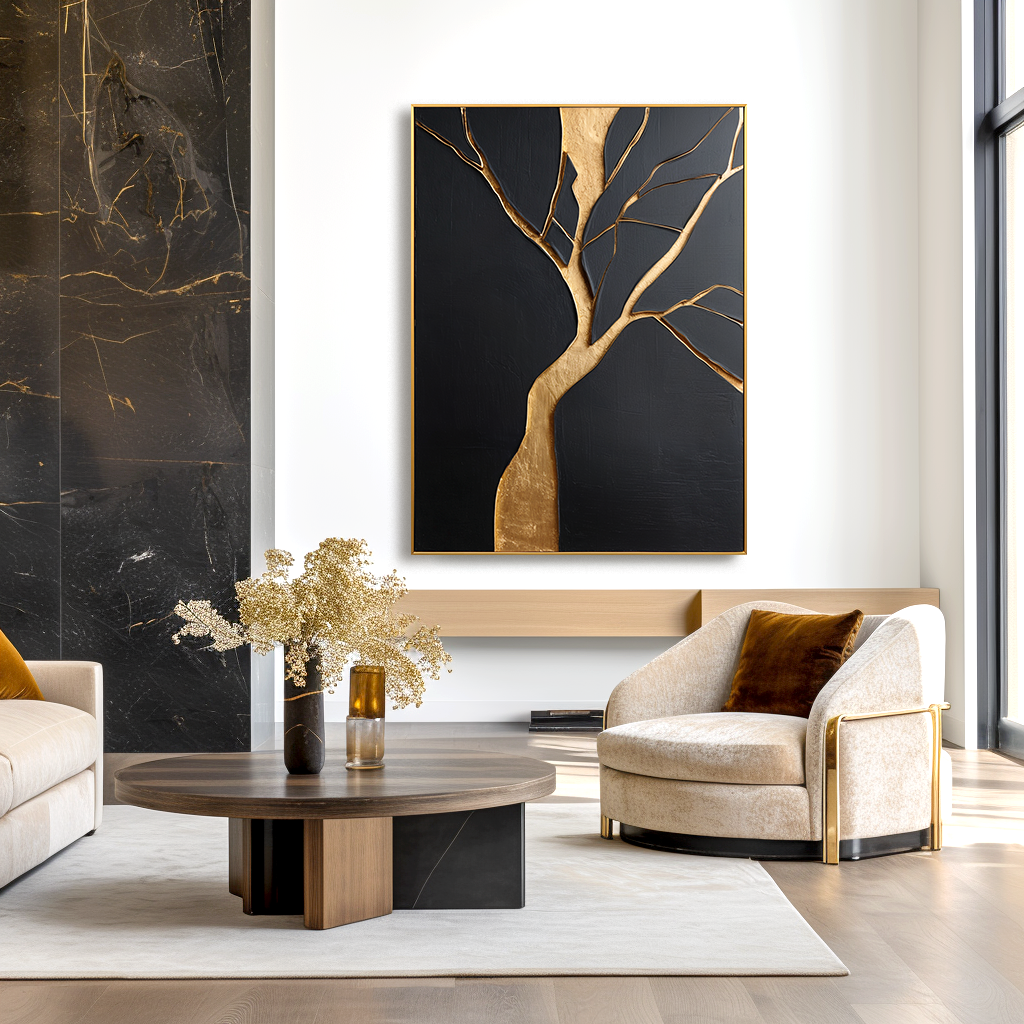 Abstract tree sculpture art with gold branches and trunk against a black background.