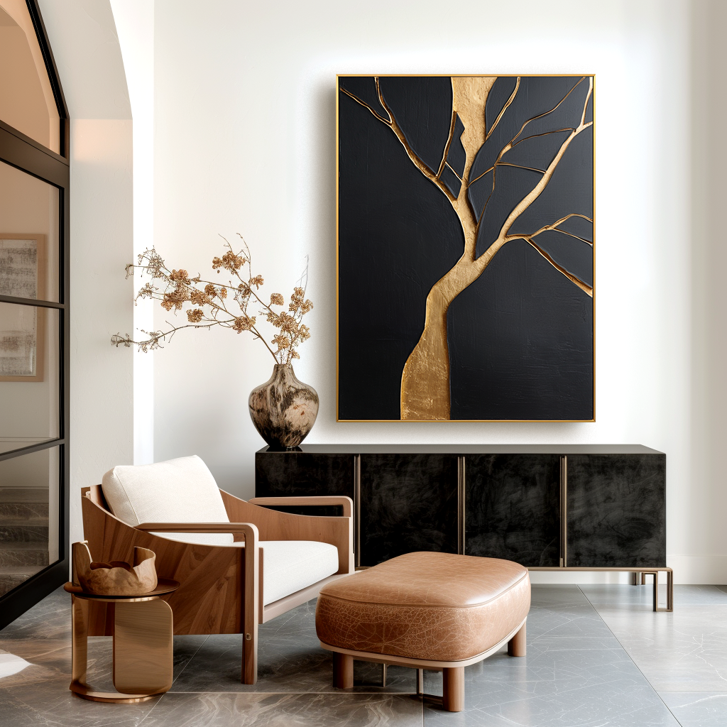 Abstract tree sculpture art with gold branches and trunk against a black background.