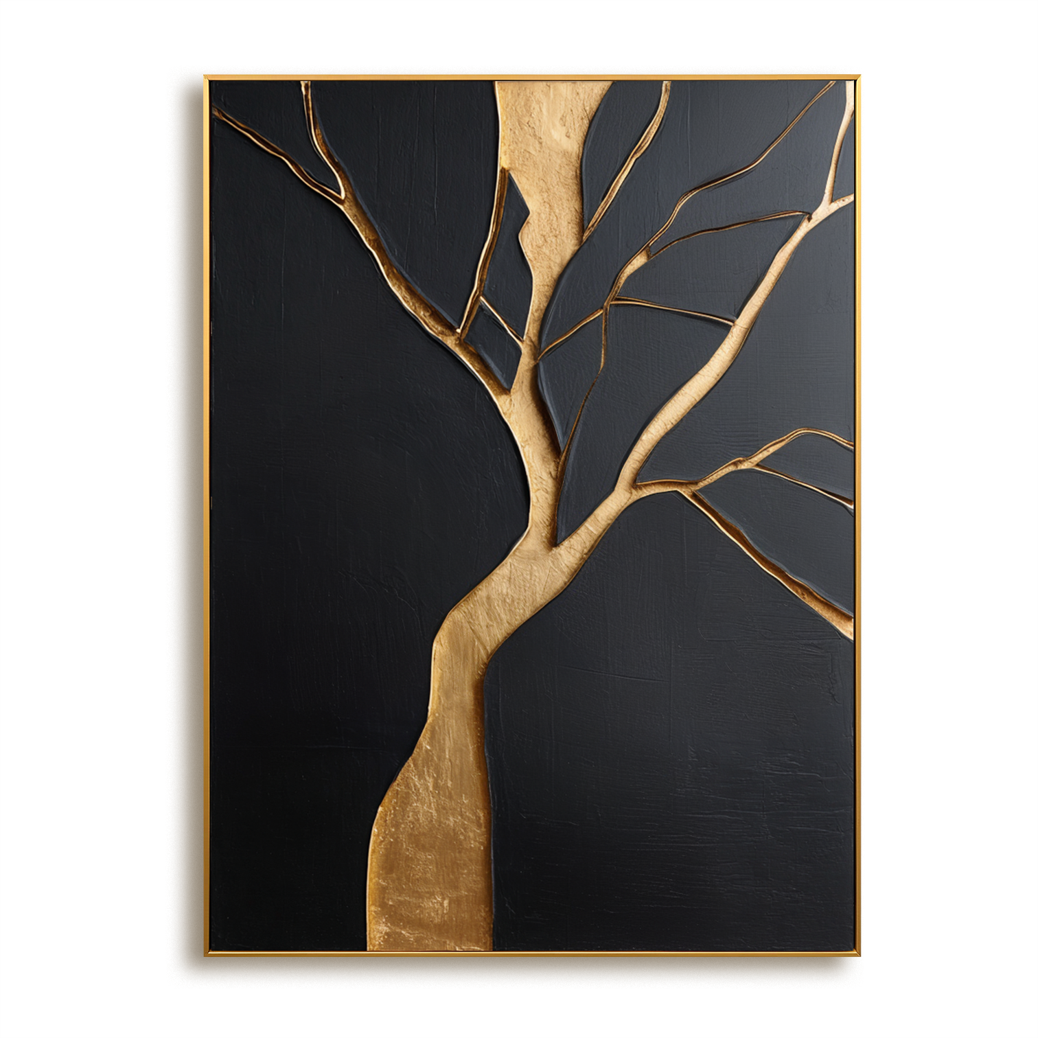 Abstract tree sculpture art with gold branches and trunk against a black background.