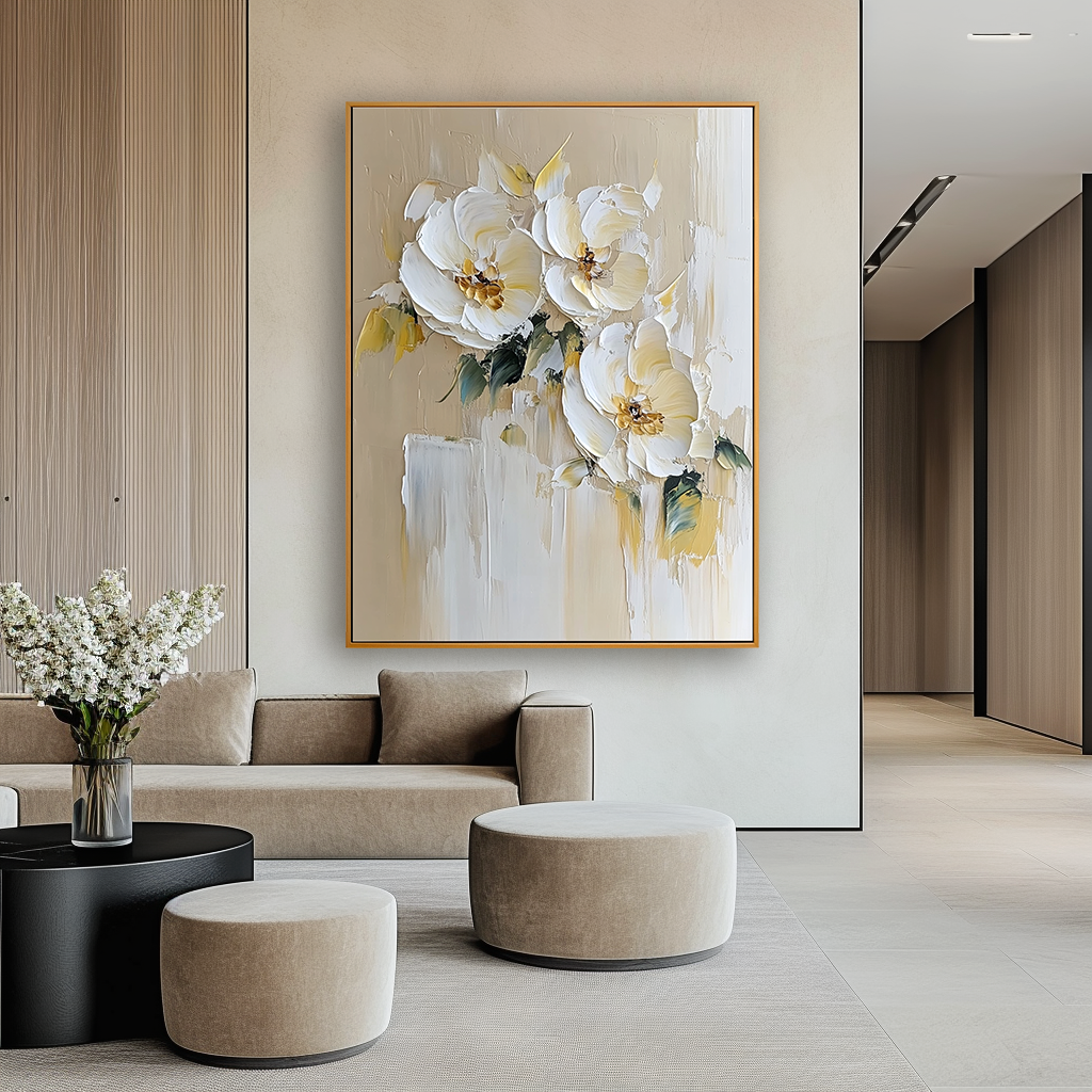 Large Textured White Flower Oil Painting – Hand-Painted Floral Wall Art Modern Canvas Decor