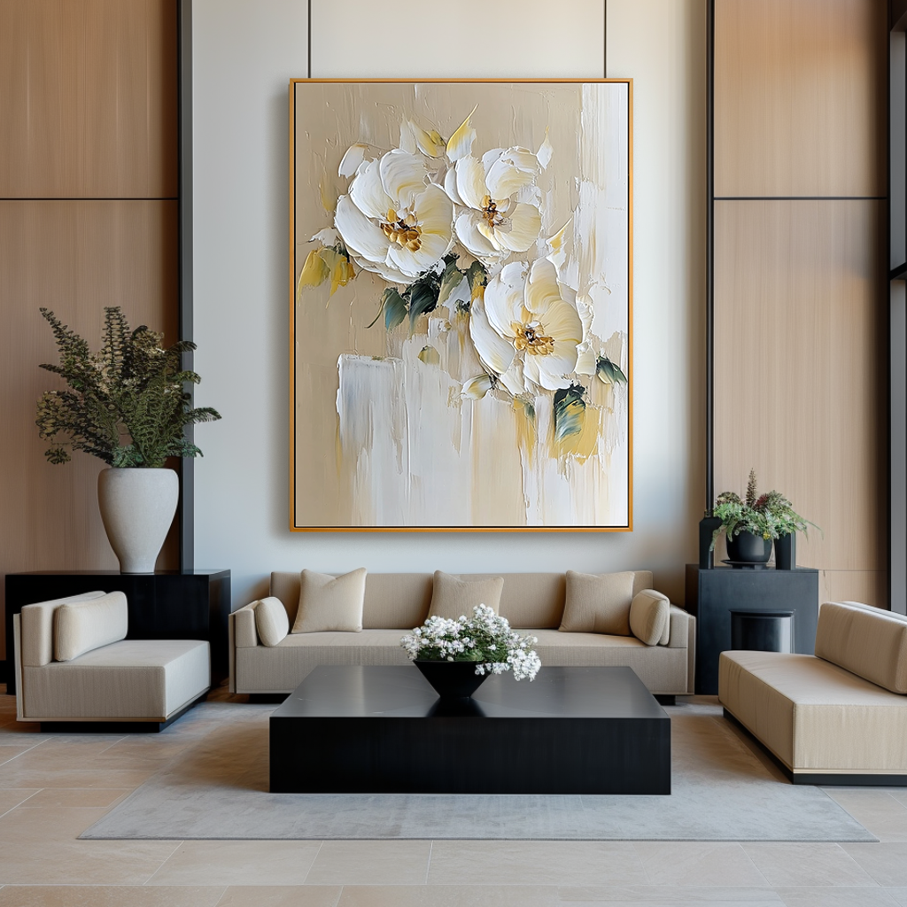 Large Textured White Flower Oil Painting – Hand-Painted Floral Wall Art Modern Canvas Decor