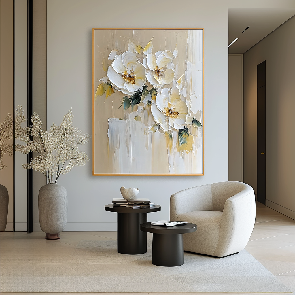 Large Textured White Flower Oil Painting – Hand-Painted Floral Wall Art Modern Canvas Decor