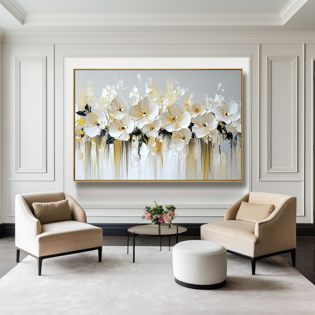 Large Textured White Orchid Oil Painting – Hand-Painted Floral Canvas Wall Art Modern Decor