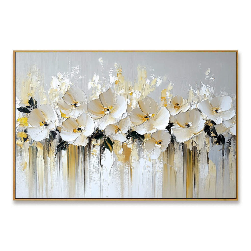 Golden Orchid Symphony – Textured White Floral Oil Painting