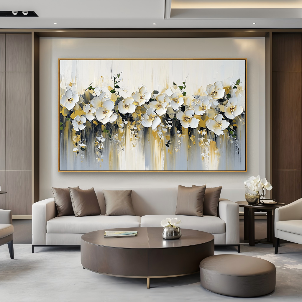 Large Textured Orchid Oil Painting – Hand-Painted White Floral Canvas Wall Art Modern Decor