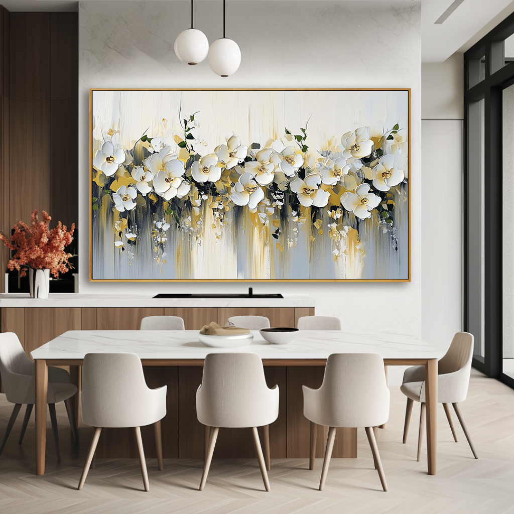 Large Textured Orchid Oil Painting – Hand-Painted White Floral Canvas Wall Art Modern Decor