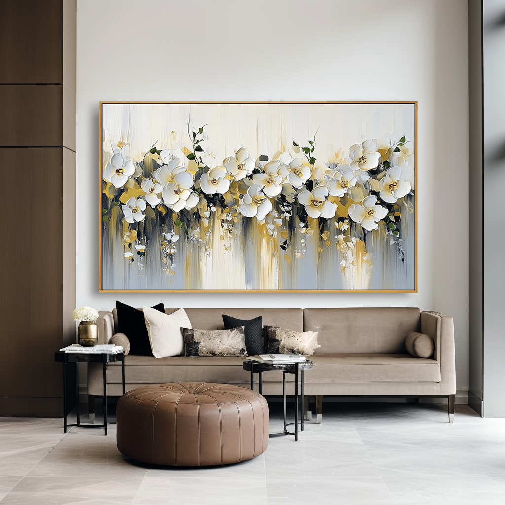 Large Textured Orchid Oil Painting – Hand-Painted White Floral Canvas Wall Art Modern Decor