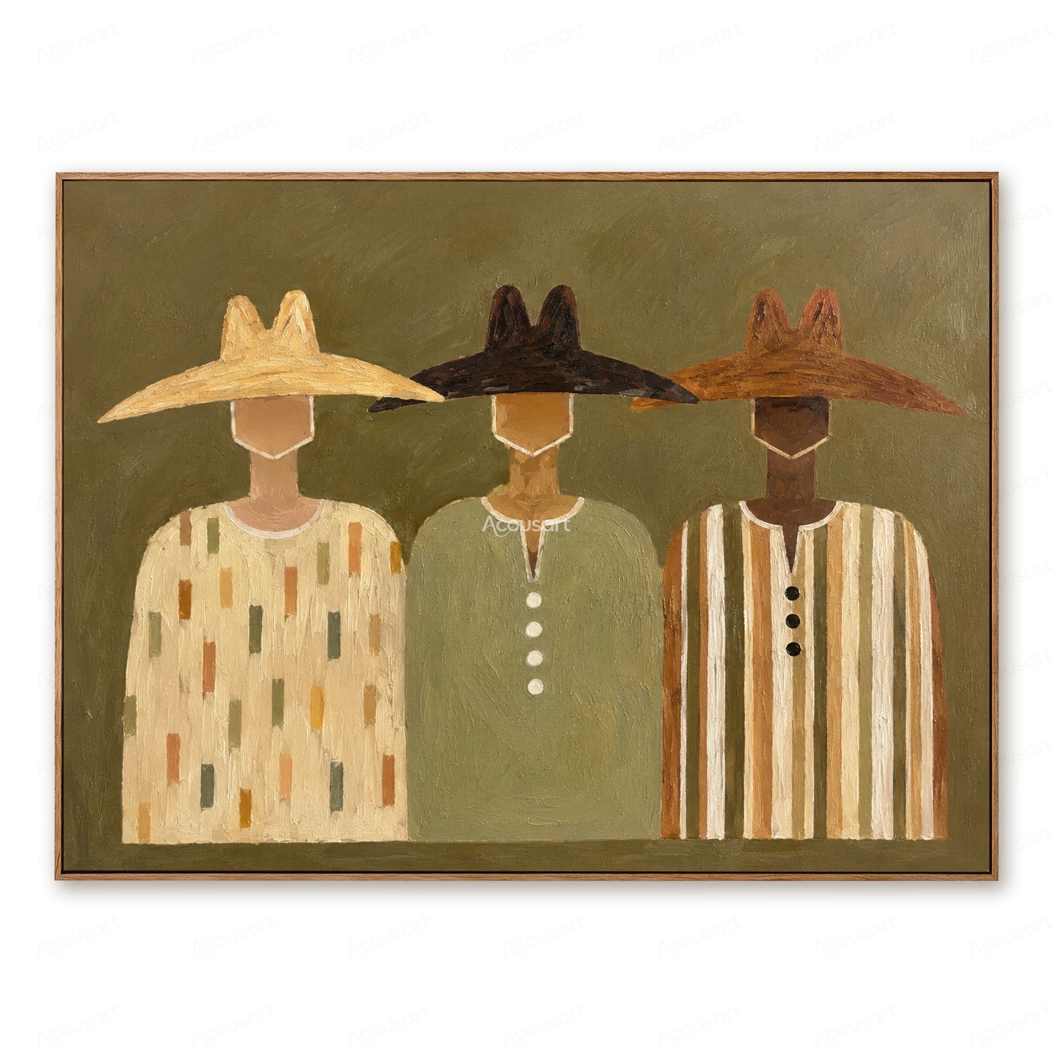 Minimalist western cowboy portrait wall art featuring three cowboys with hats on olive green background