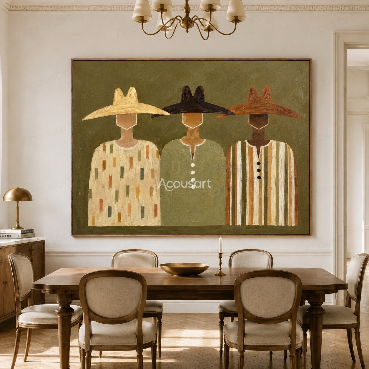 Minimalist western cowboy portrait wall art featuring three cowboys with hats on olive green background
