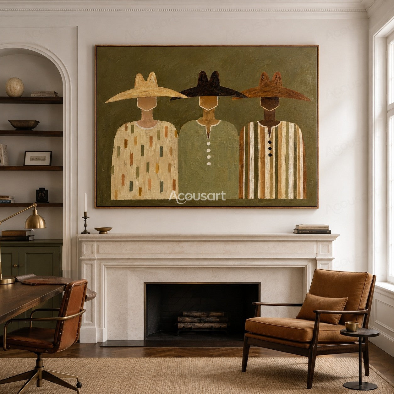 Minimalist western cowboy portrait wall art featuring three cowboys with hats on olive green background