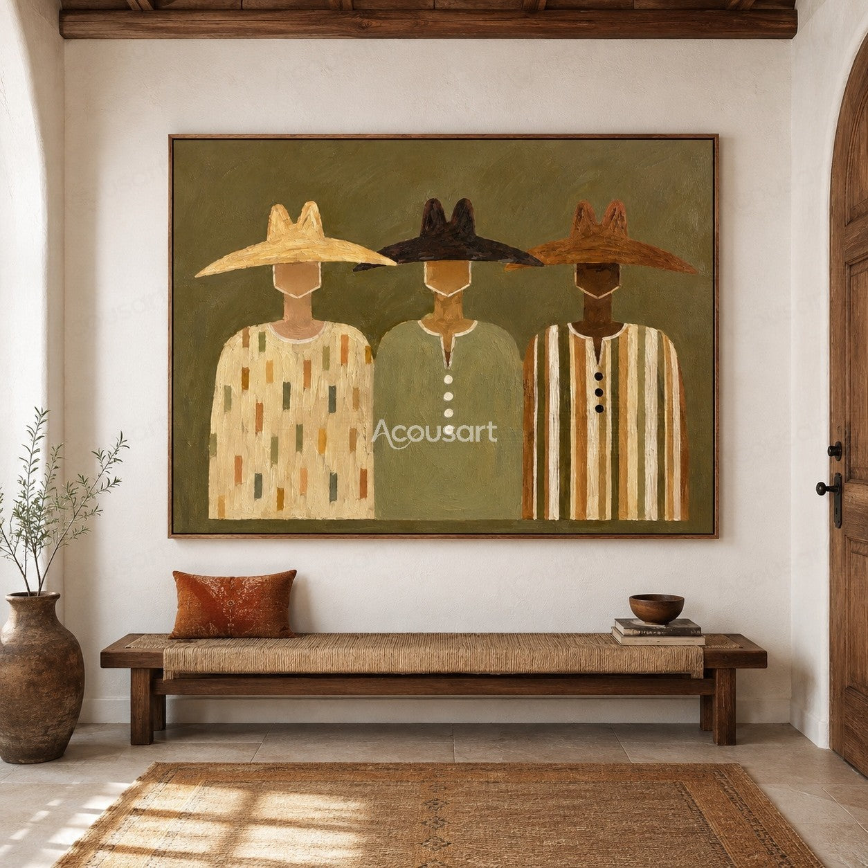 Minimalist western cowboy portrait wall art featuring three cowboys with hats on olive green background
