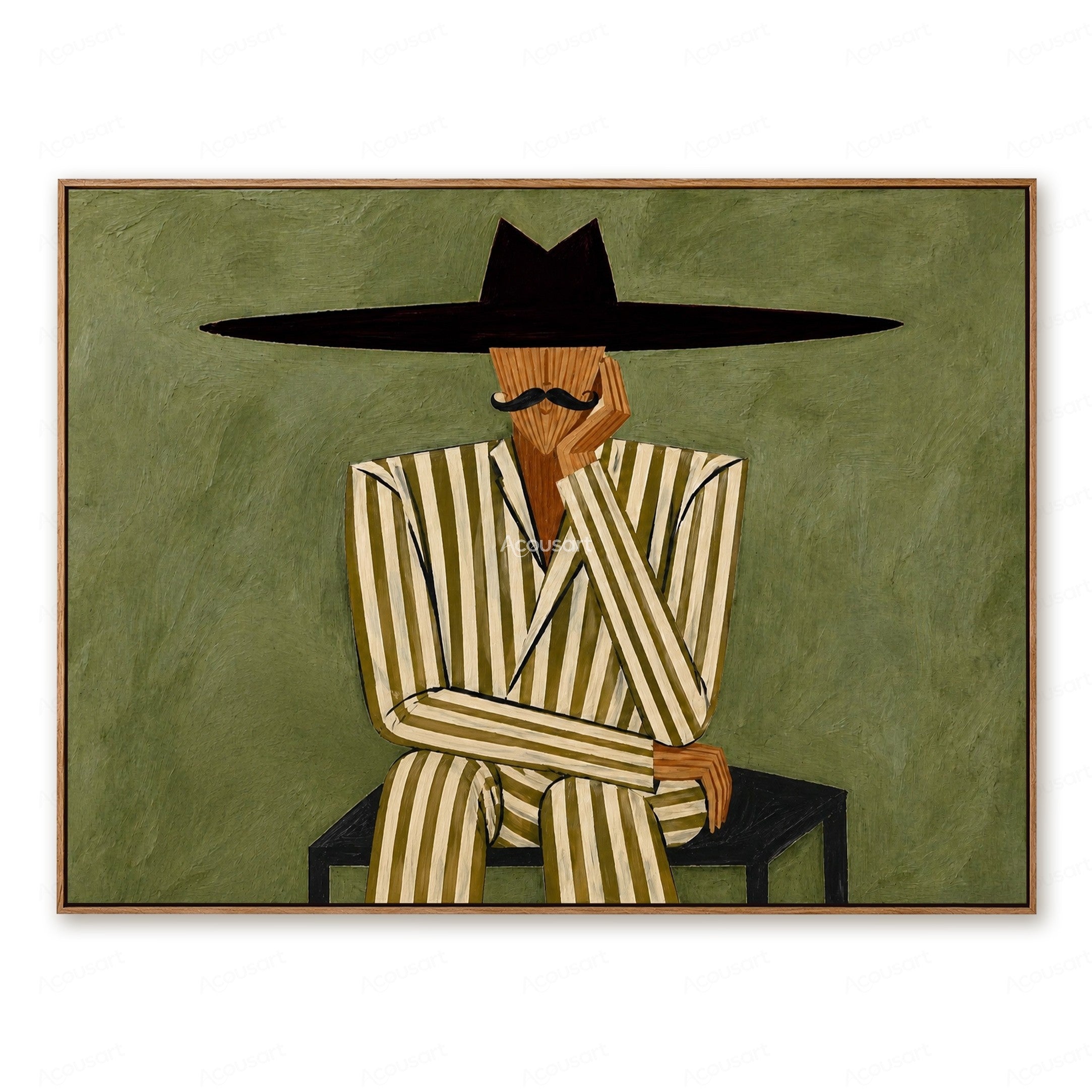 Minimalist western gentleman wall art featuring seated man in striped suit and oversized black hat on olive green background
