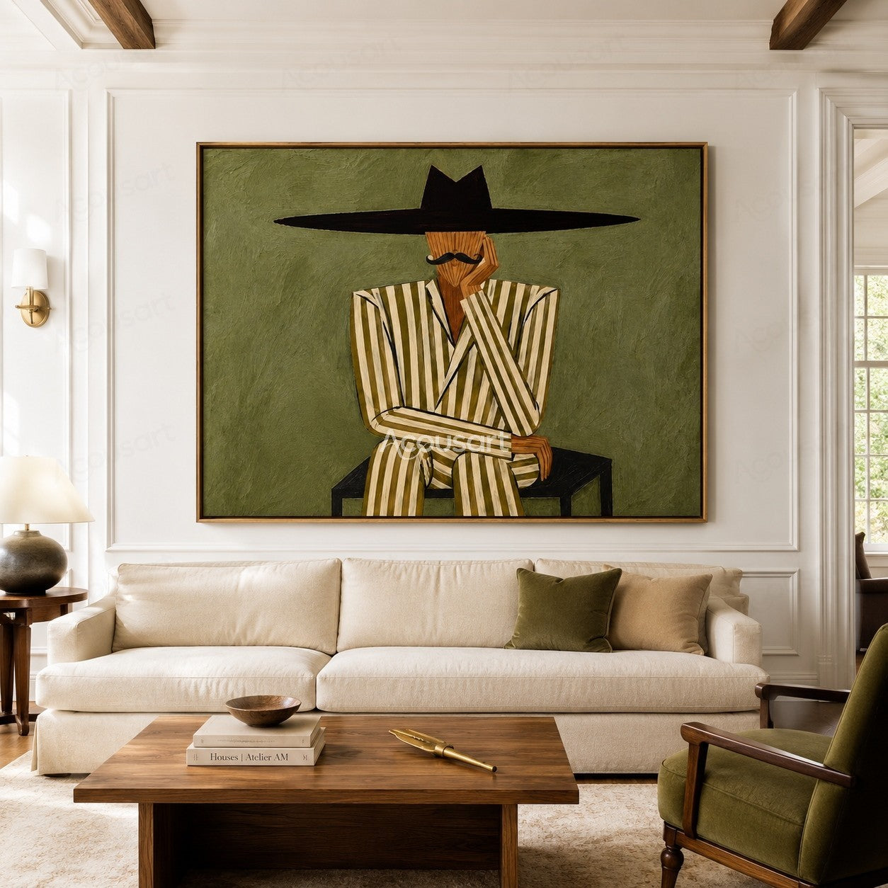 Minimalist western gentleman wall art featuring seated man in striped suit and oversized black hat on olive green background