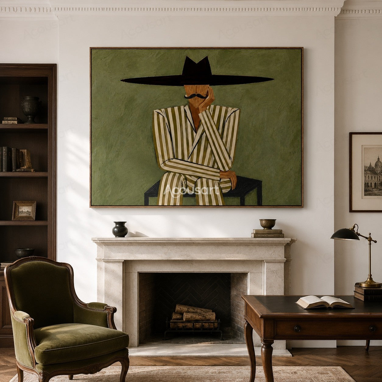 Minimalist western gentleman wall art featuring seated man in striped suit and oversized black hat on olive green background