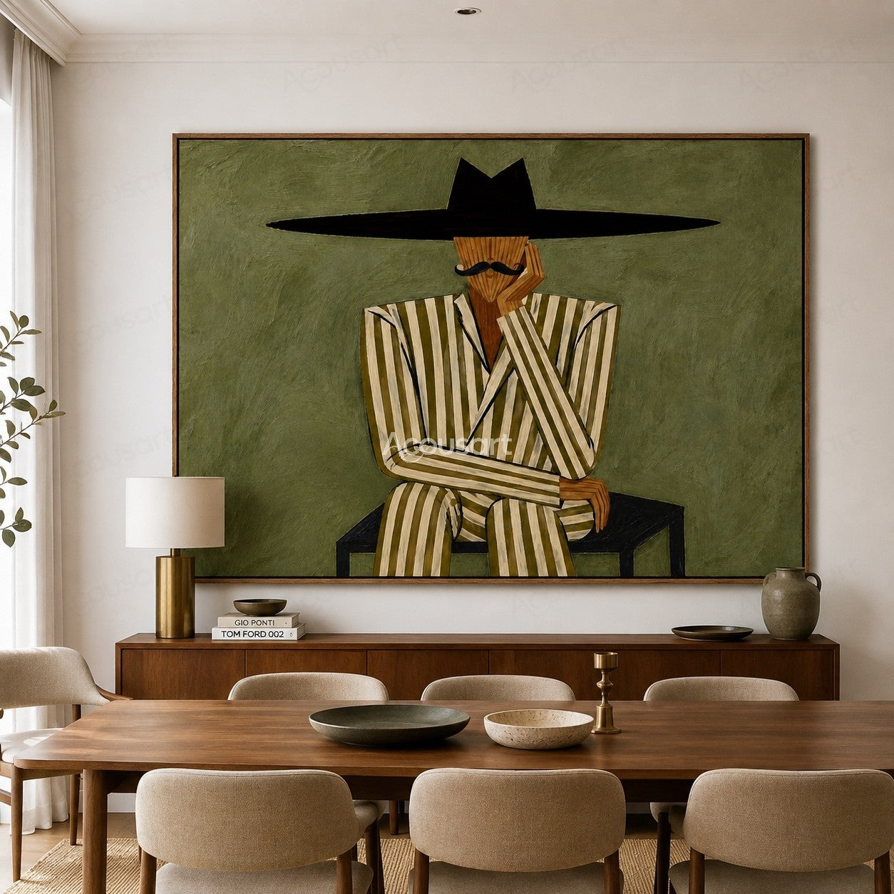 Minimalist western gentleman wall art featuring seated man in striped suit and oversized black hat on olive green background