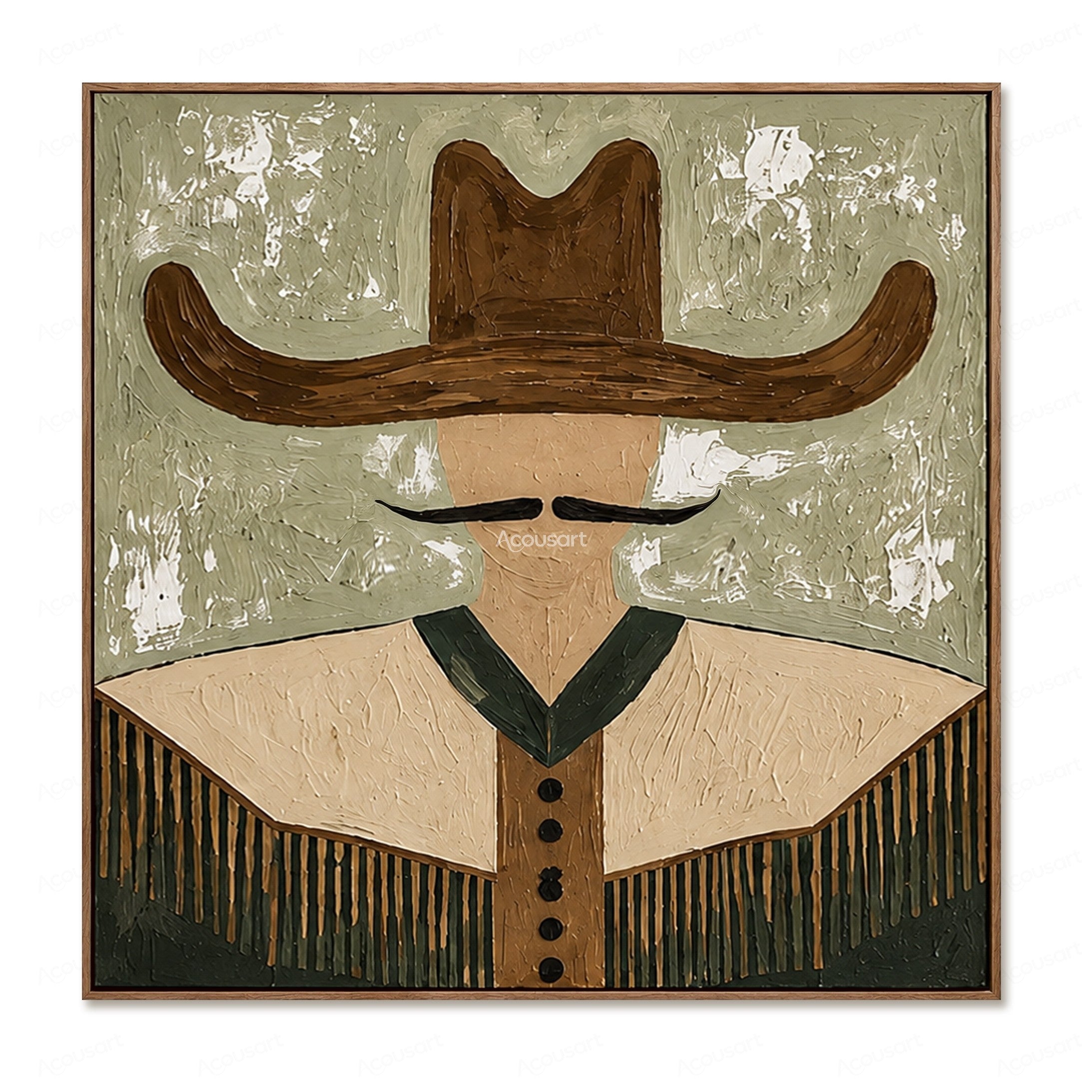 Minimalist western cowboy wall art with brown hat, black mustache, fringe jacket, and sage green textured background