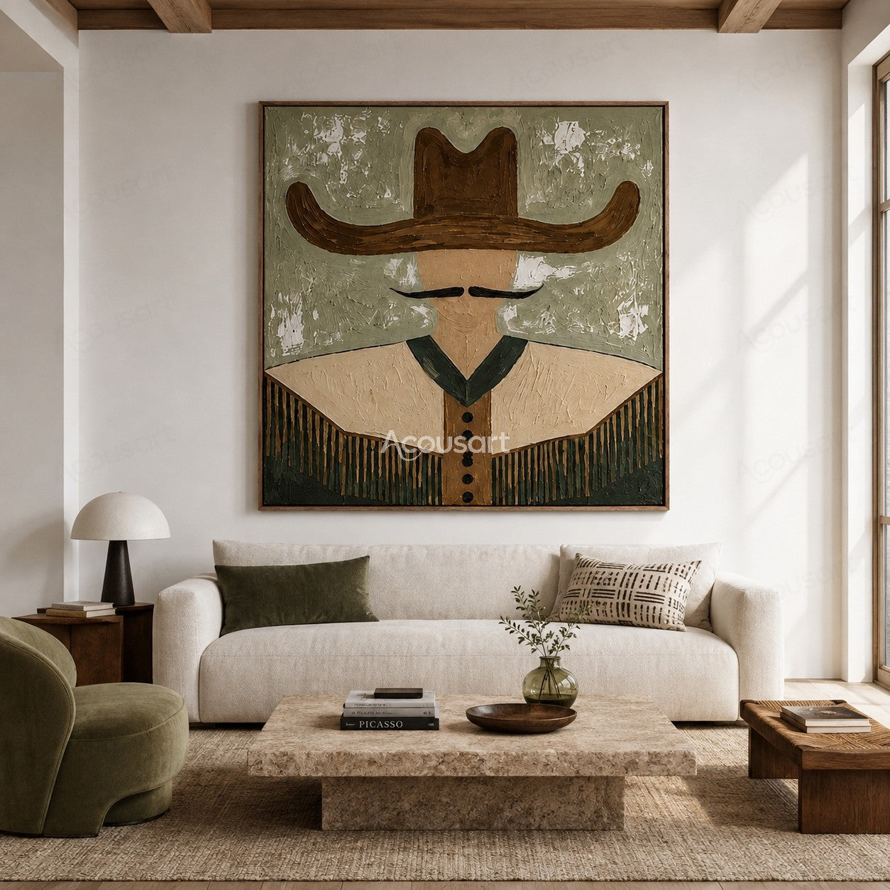 Minimalist western cowboy wall art with brown hat, black mustache, fringe jacket, and sage green textured background