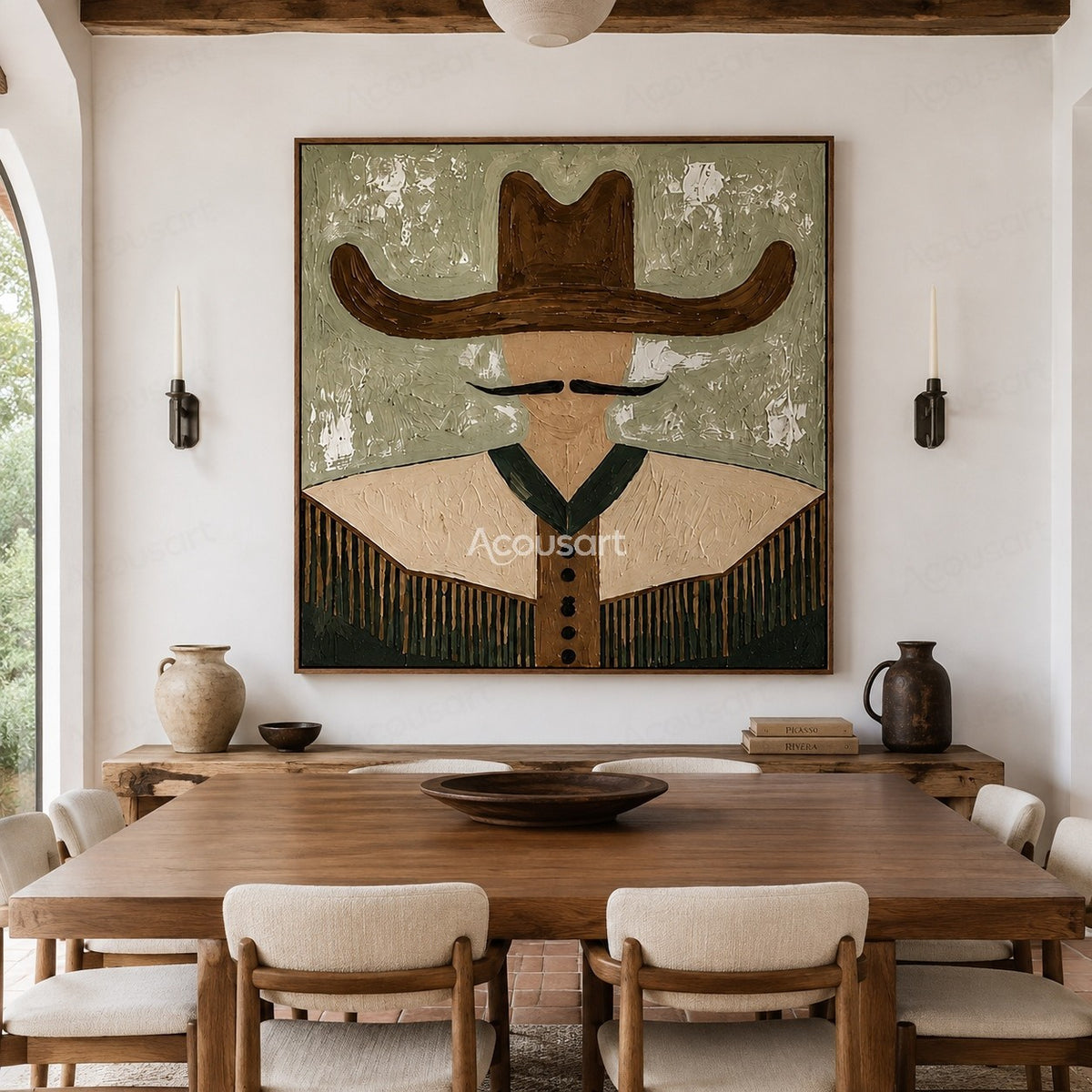 Minimalist western cowboy wall art with brown hat, black mustache, fringe jacket, and sage green textured background
