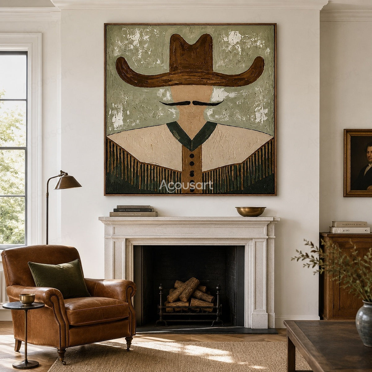 Minimalist western cowboy wall art with brown hat, black mustache, fringe jacket, and sage green textured background