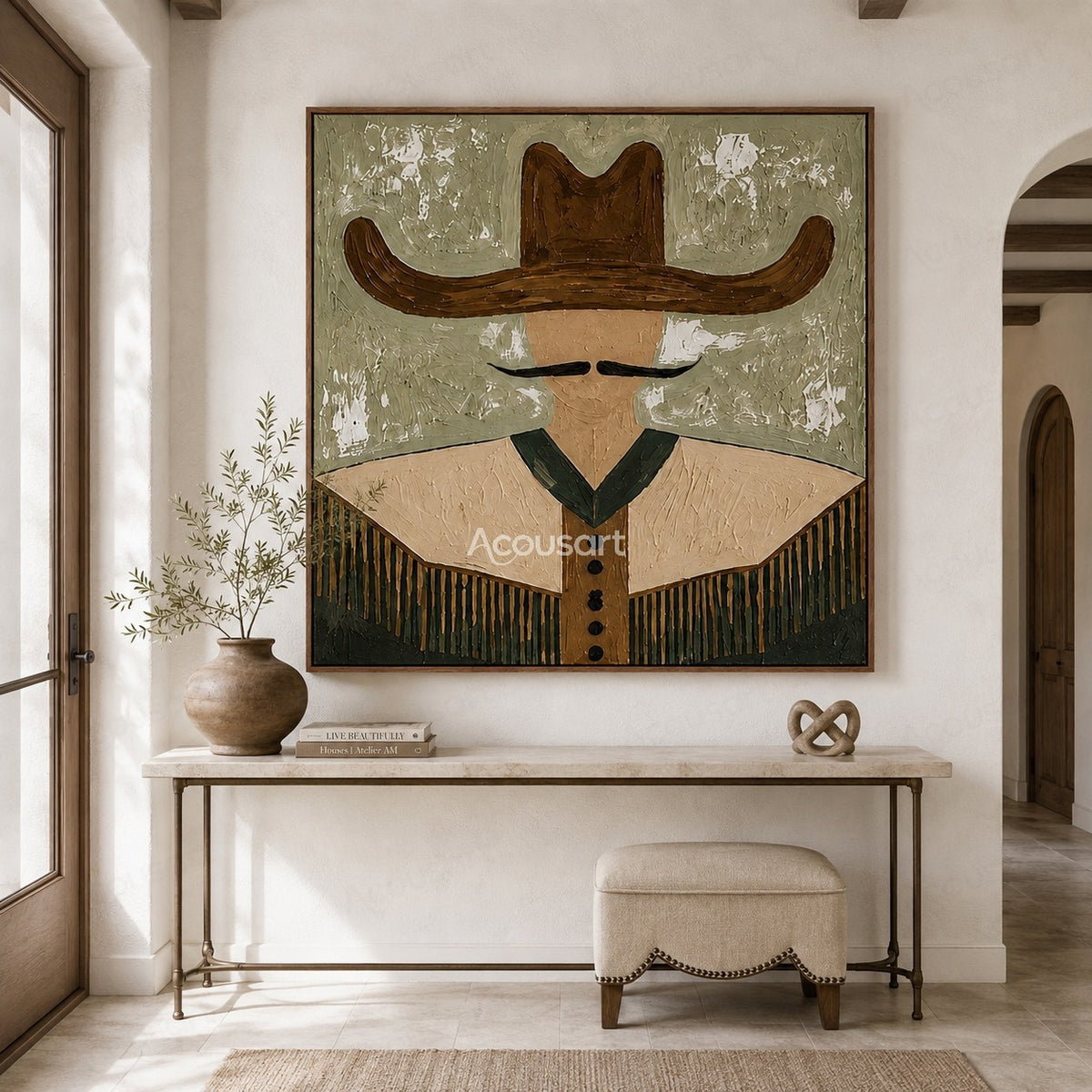 Minimalist western cowboy wall art with brown hat, black mustache, fringe jacket, and sage green textured background
