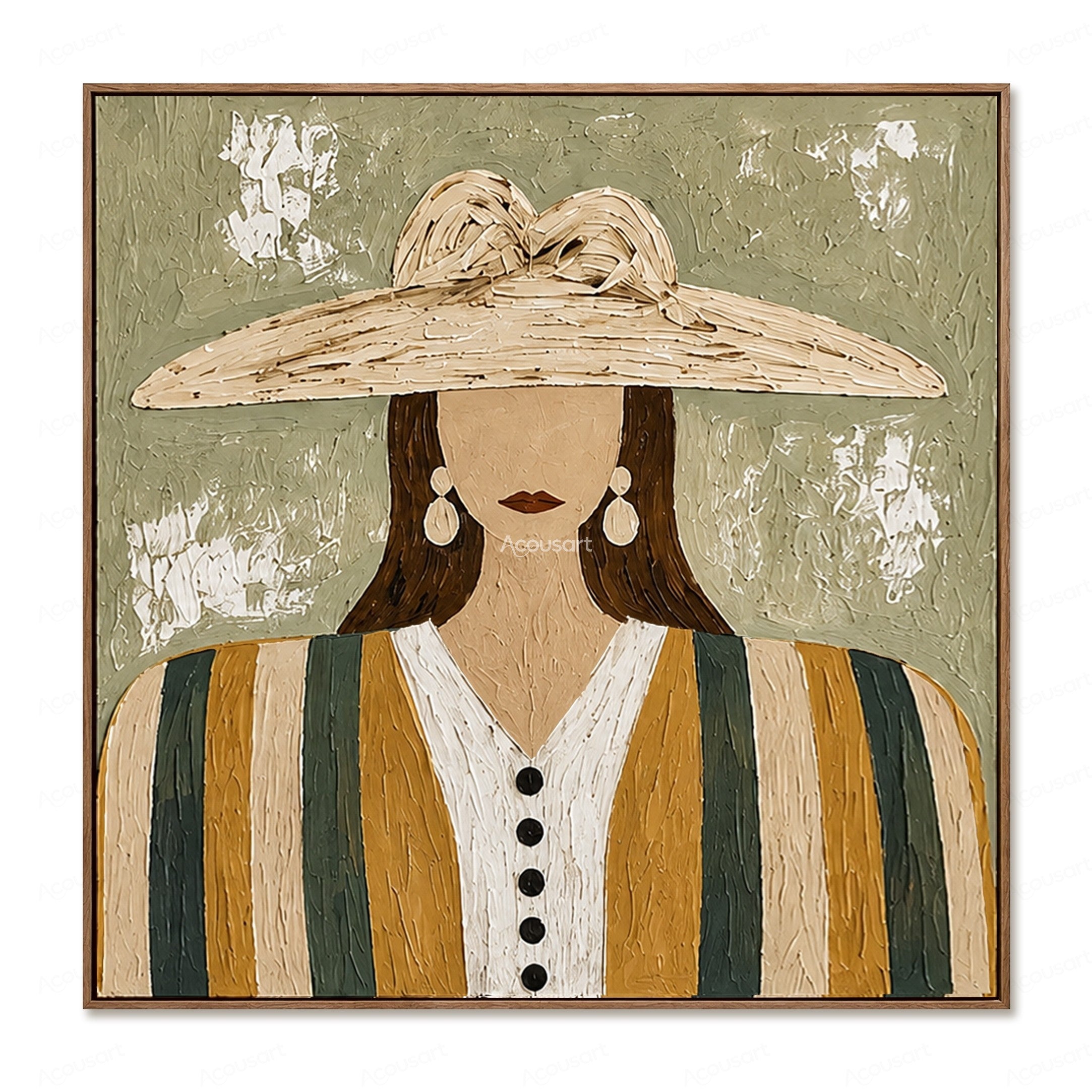Minimalist boho woman portrait wall art with large straw hat, striped outfit, and sage green textured background