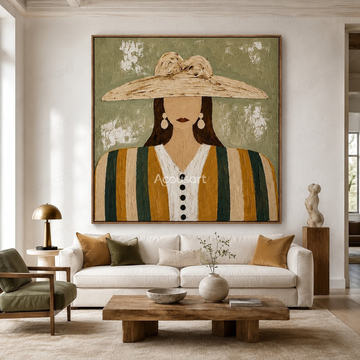 Minimalist boho woman portrait wall art with large straw hat, striped outfit, and sage green textured background