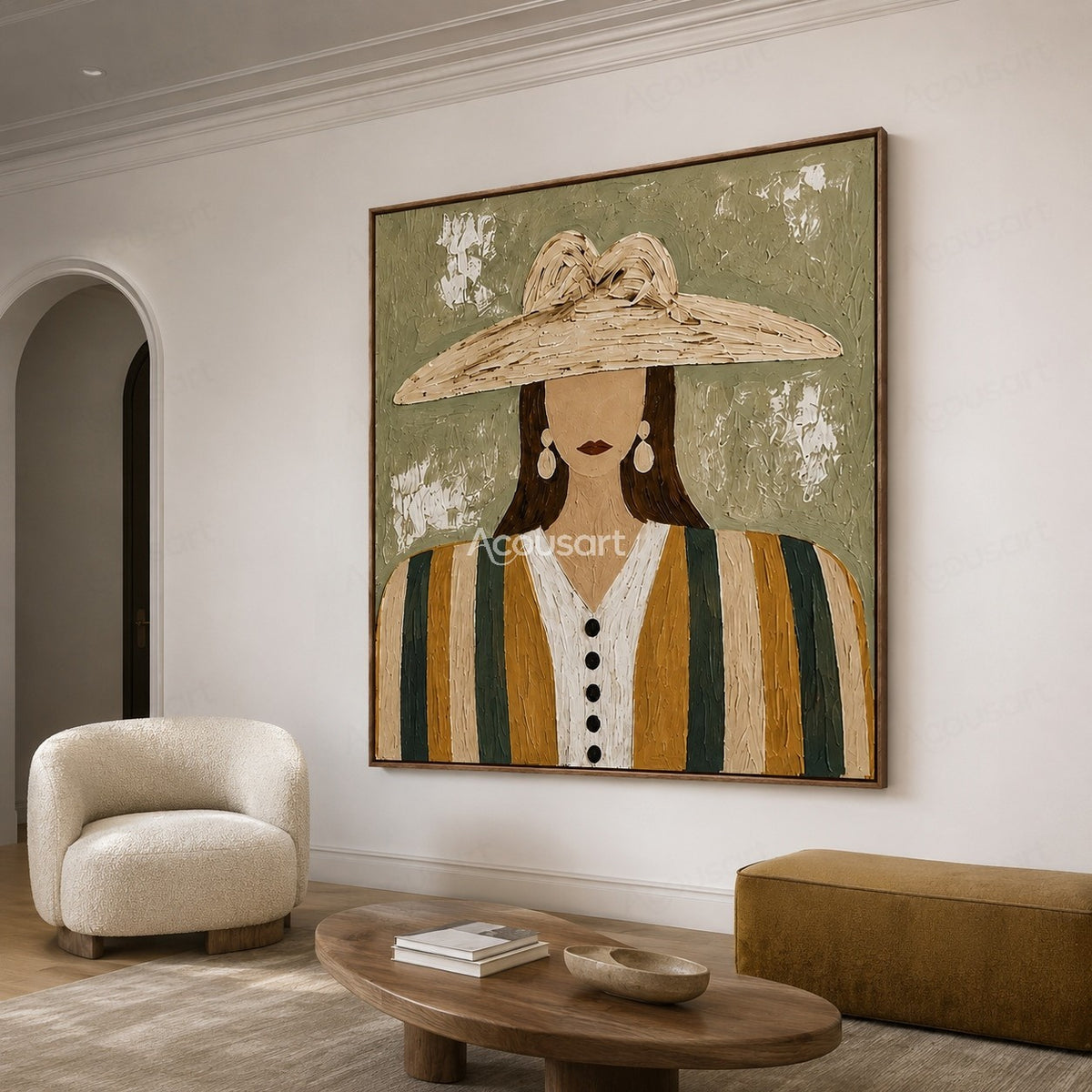 Minimalist boho woman portrait wall art with large straw hat, striped outfit, and sage green textured background