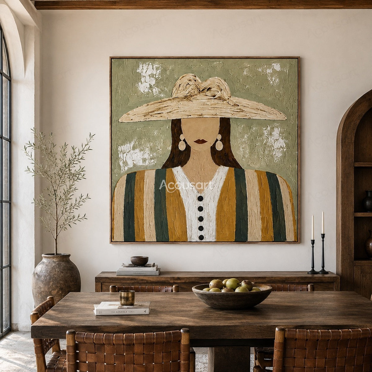 Minimalist boho woman portrait wall art with large straw hat, striped outfit, and sage green textured background