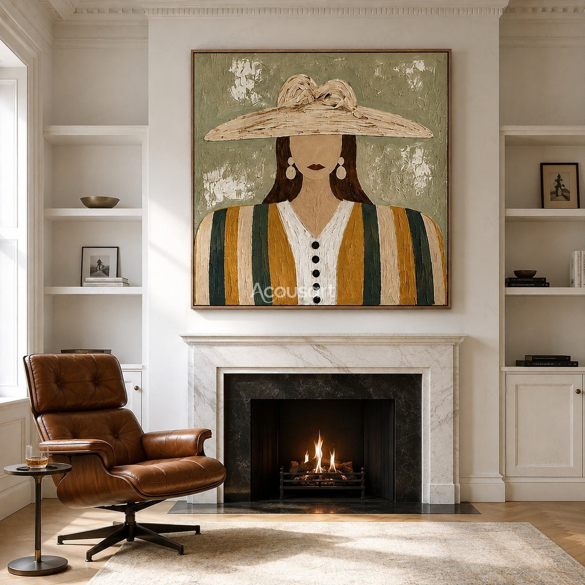 Minimalist boho woman portrait wall art with large straw hat, striped outfit, and sage green textured background
