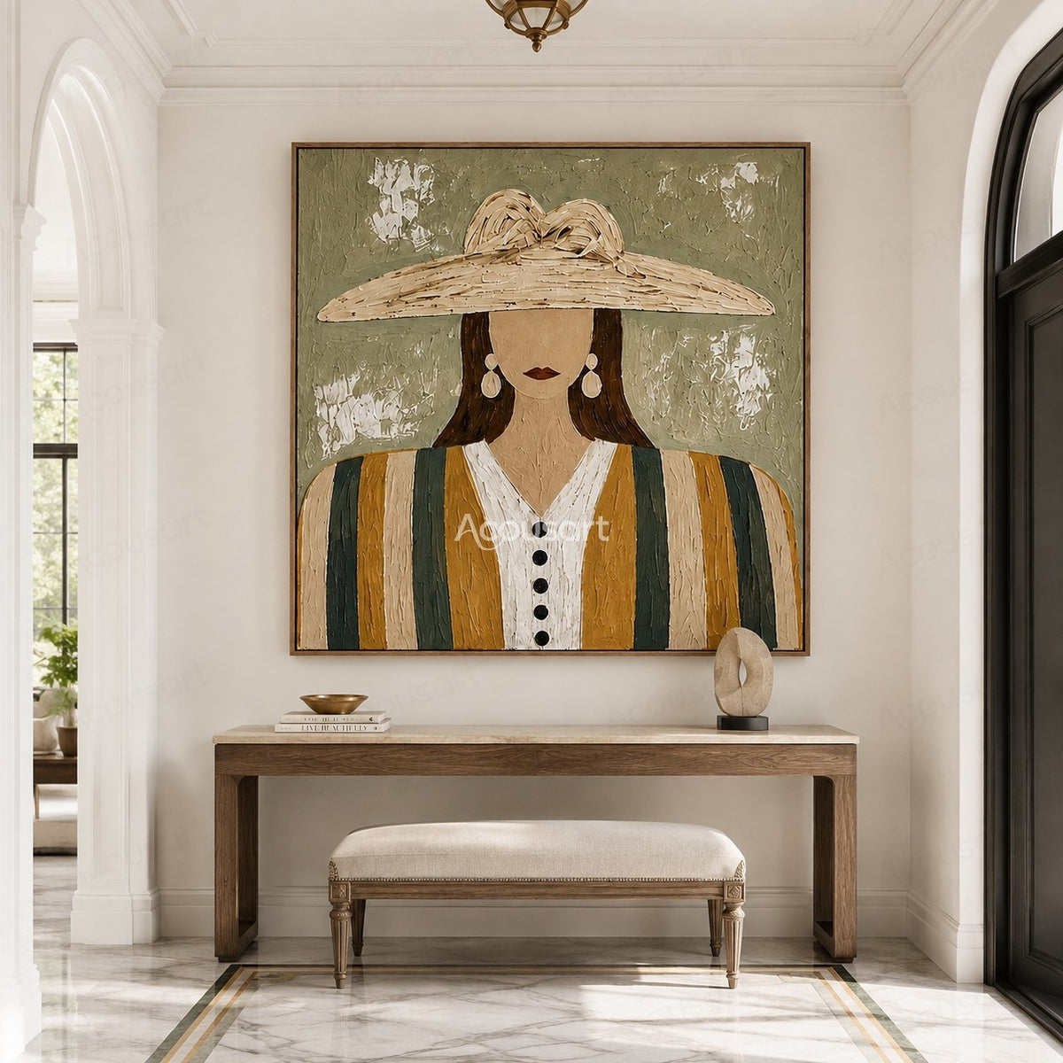 Minimalist boho woman portrait wall art with large straw hat, striped outfit, and sage green textured background