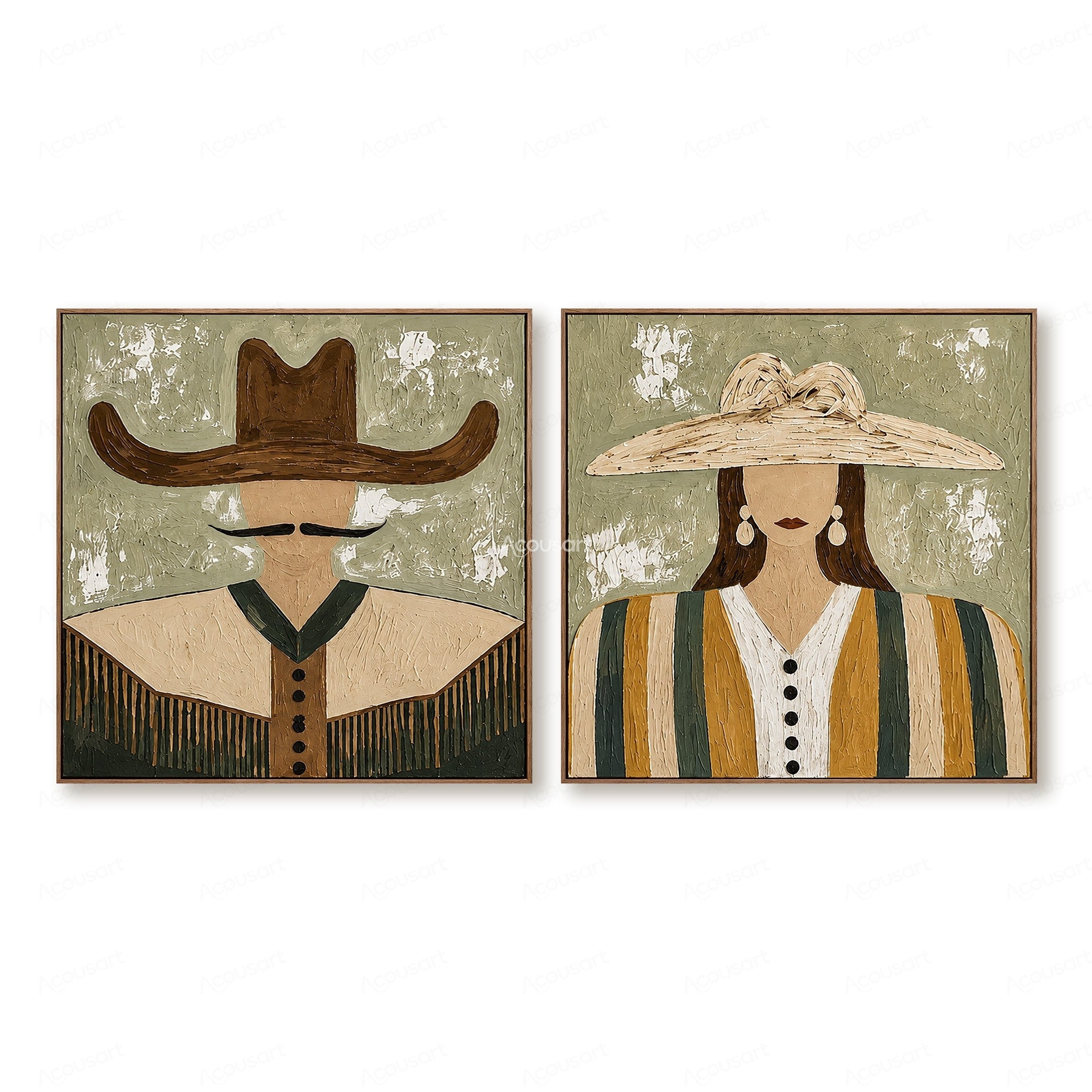 Minimalist cowboy and cowgirl portrait wall art set with wide hats, textured brushstrokes, and sage green western style background