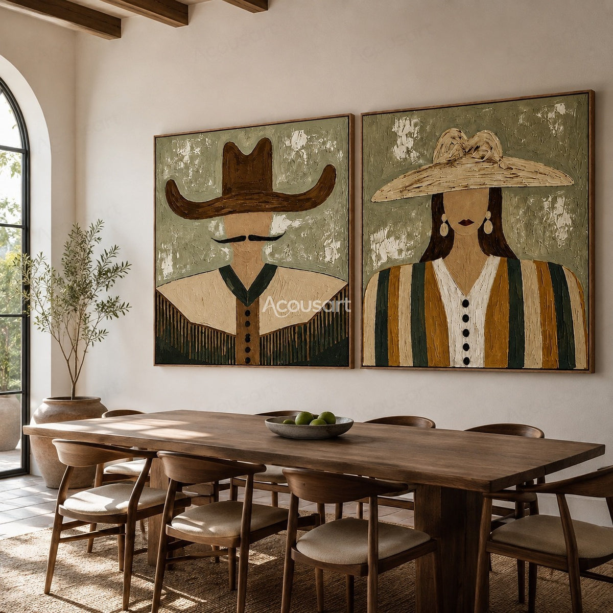 Minimalist cowboy and cowgirl portrait wall art set with wide hats, textured brushstrokes, and sage green western style background