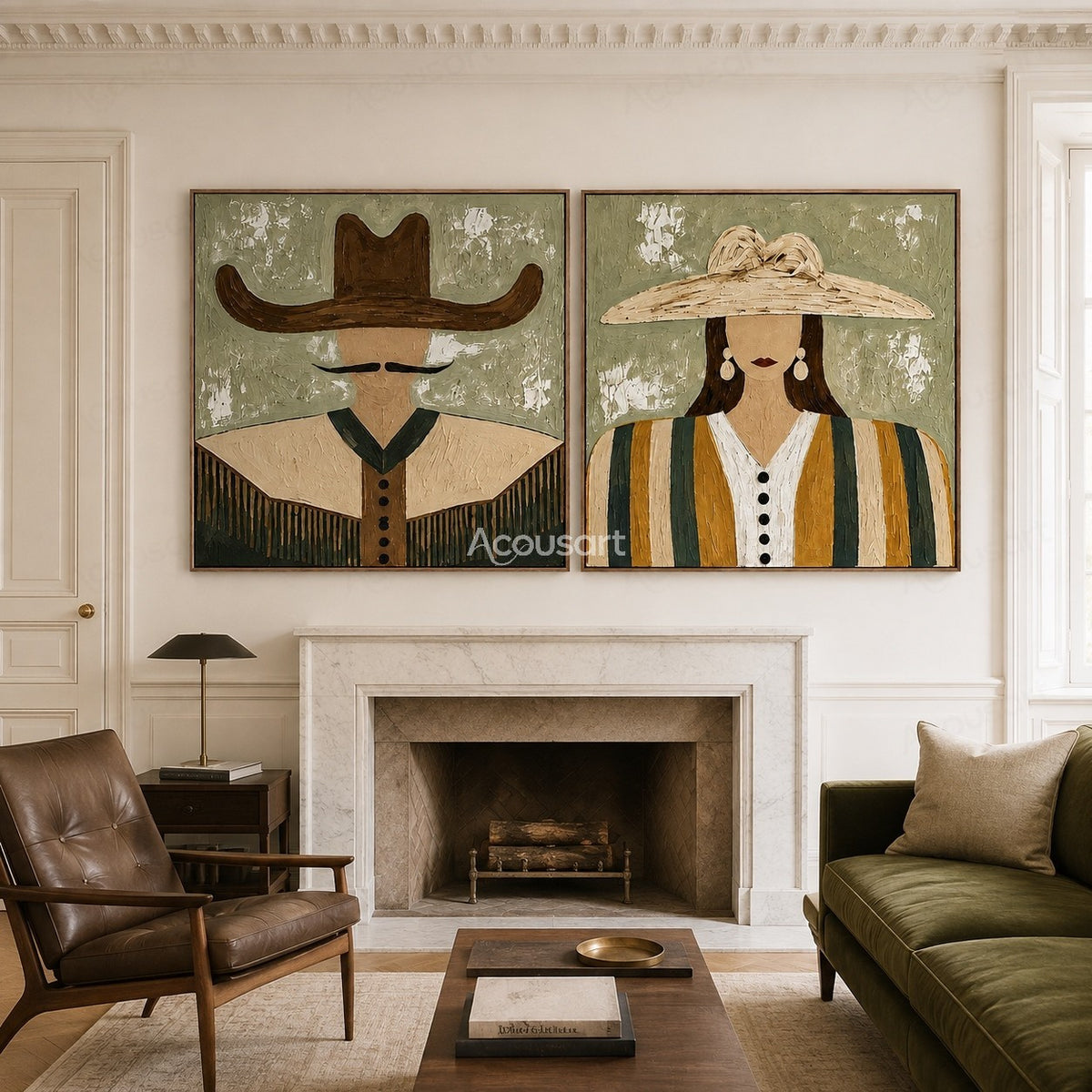 Minimalist cowboy and cowgirl portrait wall art set with wide hats, textured brushstrokes, and sage green western style background