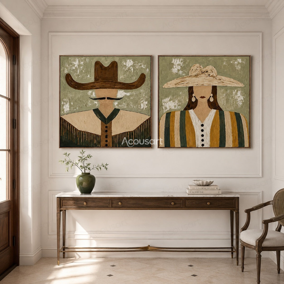Minimalist cowboy and cowgirl portrait wall art set with wide hats, textured brushstrokes, and sage green western style background