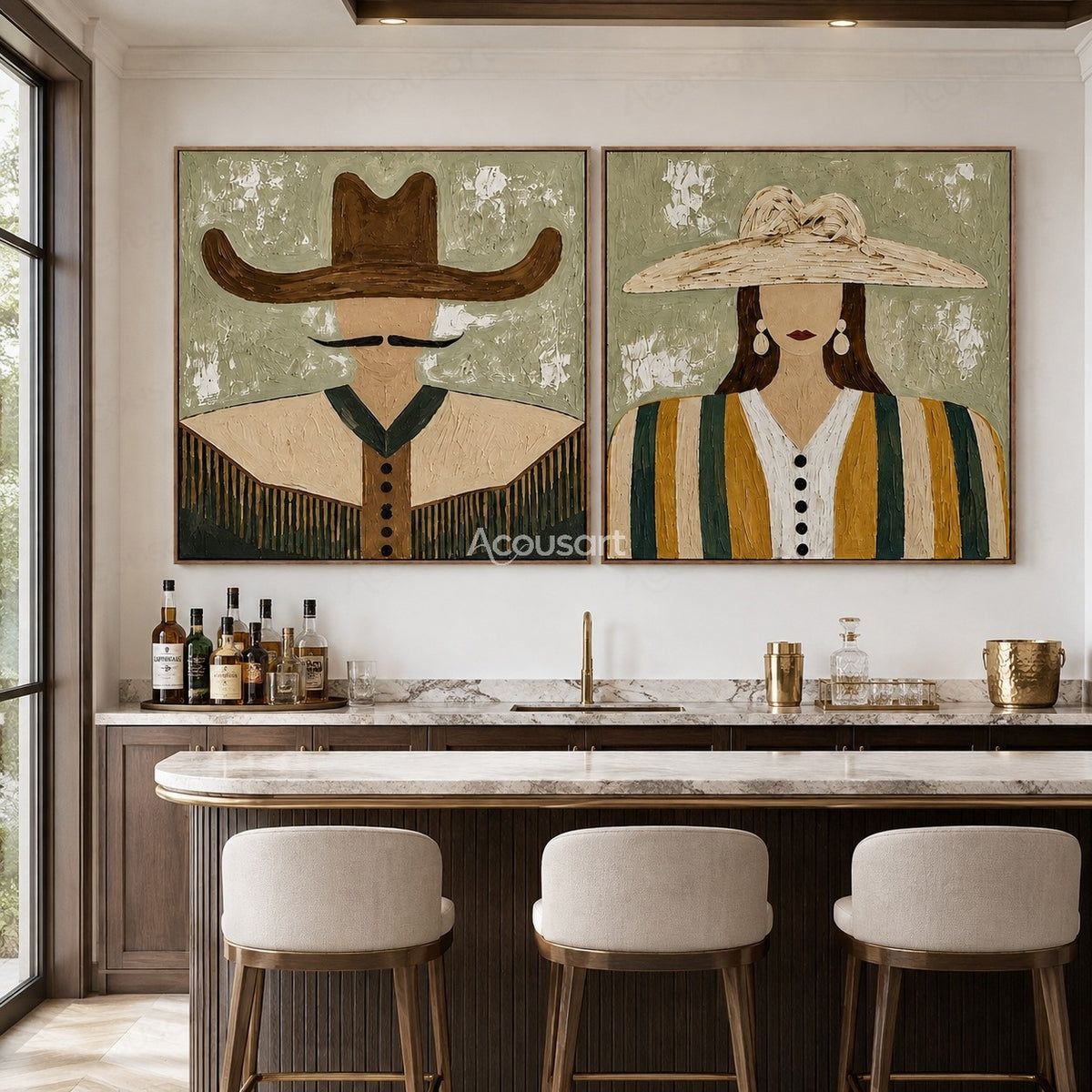 Minimalist cowboy and cowgirl portrait wall art set with wide hats, textured brushstrokes, and sage green western style background