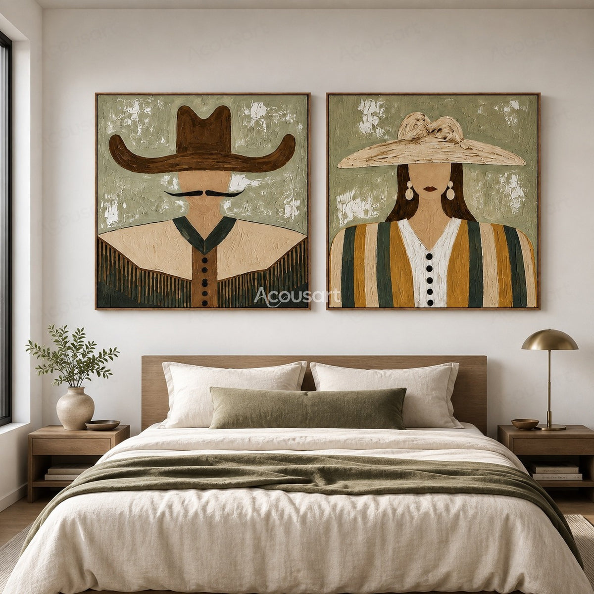Minimalist cowboy and cowgirl portrait wall art set with wide hats, textured brushstrokes, and sage green western style background