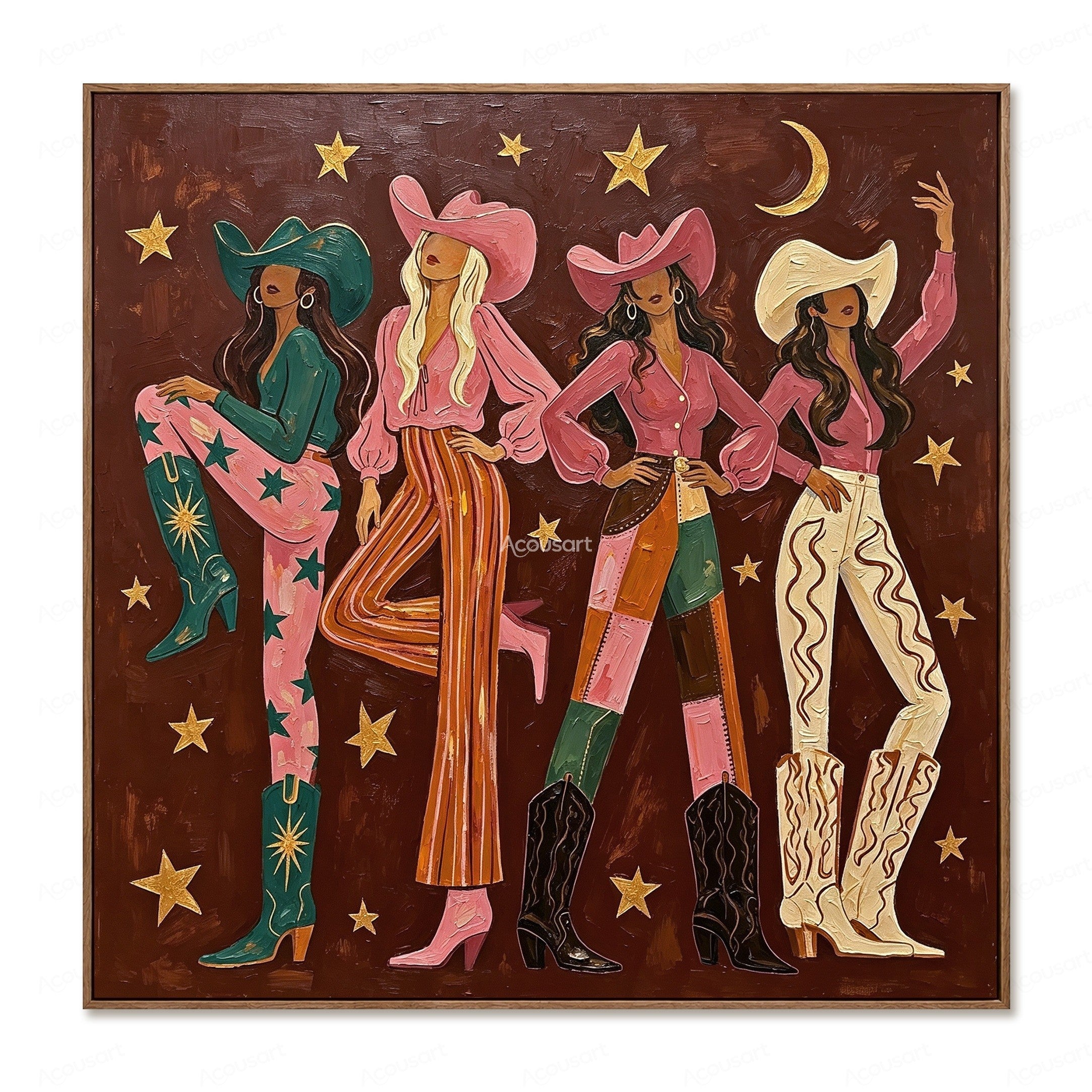 Colorful western cowgirl wall art featuring four women in cowboy hats, boots, stars, and vibrant fashion outfits
